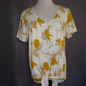 NWT Ann Taylor Floral Short Sleeve Tie Knot Top V-Neck White Yellow sz L